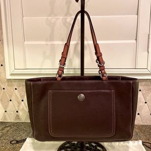 COACH  brown pebbled leather Chelsea tote with rose pink stitching. #FS8E97